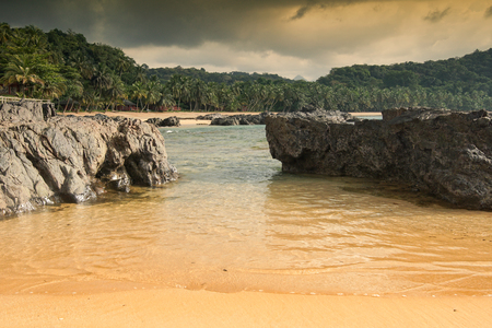 Praia Coco on an overcast day, Principe Island, Sao Tome and Principe, Africaの写真素材