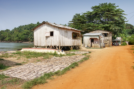 ABADE, SAO TOME AND PRINCIPE - FEBRUARY 3, 2017: Fishermen village Abade on Principe Island on February 3, 2017 in Sao Tome and Principe, Africaのeditorial素材