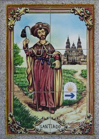 PONTE DE LIMA, PORTUGAL - SEPTEMBER 2, 2017: Waymark with relief of Saint James on the Camino de Santiago trail on September 2, 2017 in Portugal, Europeのeditorial素材