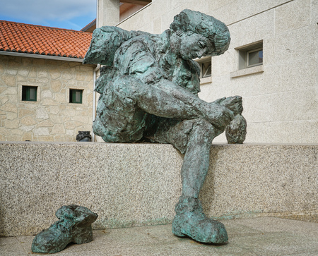 VALGA, SPAIN - SEPTEMBER 10, 2017: Pilgrim memorial in front of the pilgrim hostel of Valga on the Camino de Santiago trail on September 10, 2017 in Galicia, Spainのeditorial素材