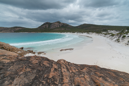 White beach of Thistle Cove on an overcast day, one of the most beautiful places in the Cape Le Grand National Park, Western Australiaの写真素材