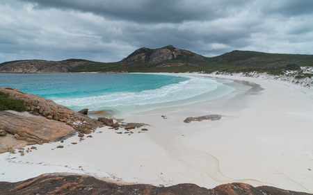 White beach of Thistle Cove on an overcast day, one of the most beautiful places in the Cape Le Grand National Park, Western Australiaの写真素材