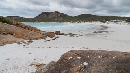White beach of Thistle Cove on an overcast day, one of the most beautiful places in the Cape Le Grand National Park, Western Australiaの写真素材