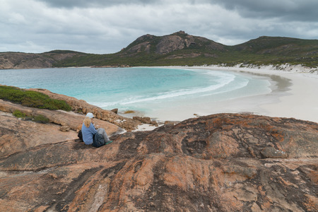 White beach of Thistle Cove on an overcast day, one of the most beautiful places in the Cape Le Grand National Park, Western Australiaの写真素材