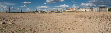 DUESSELDORF, GERMANY - AUGUST 11, 2018: Drought in Germany, low water of the Rhine river with the cityscape of Duesseldorf on August 11, 2018 in Germanyのeditorial素材