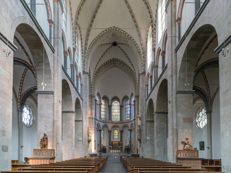 GERMANY, COLOGNE - JULY 26, 2018: View throught the main aisle of the basilica Saint Kunibert on July 26, 2018 in Cologne, Germanyのeditorial素材