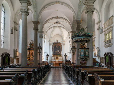 GERMANY, DUESSELDORF - JULY 20, 2018: View throught the main aisle of the church Saint Maximilian on July 20, 2018 in Duesseldorf, Germanyのeditorial素材