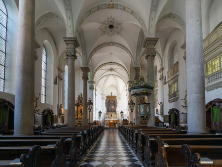 GERMANY, DUESSELDORF - JULY 20, 2018: View throught the main aisle of the church Saint Maximilian on July 20, 2018 in Duesseldorf, Germanyのeditorial素材