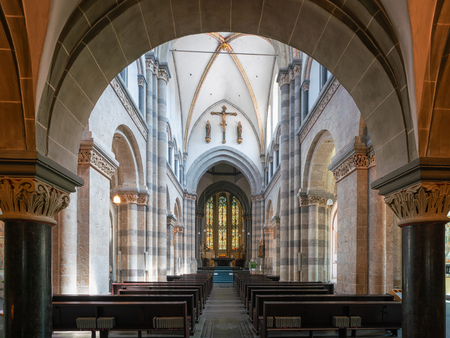 GERMANY, COLOGNE - JULY 27, 2018: View throught the main aisle of the basilica Saint Andreas on July 27, 2018 in Cologne, Germanyのeditorial素材