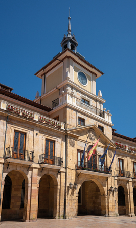 Townhall of Oviedo in early morning light with blue sky, Spainの写真素材