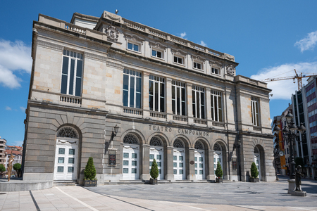 OVIEDO, SPAIN - AUGUST 18, 2018: Front of the theatre of Oviedo with blue sky on August 18, 2018 in Spainのeditorial素材
