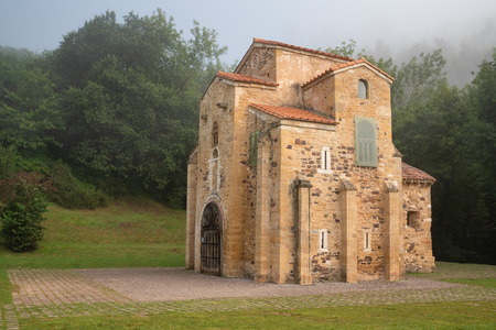 Old church San Miguel de Lillo on a foggy morning with clear sky, famous pace close to Oviedo, Spainの写真素材