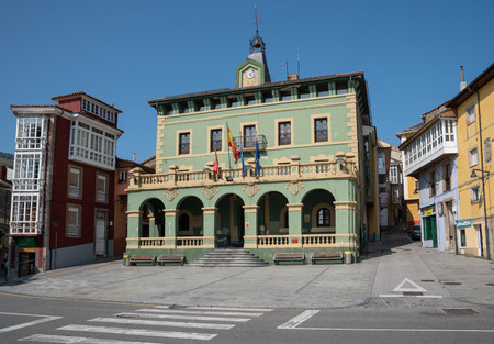 TINEO, SPAIN - AUGUST 21, 2018: Tineo city hall during summer evening on August 21, 2018 in Asturias, Spainのeditorial素材