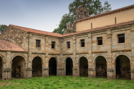 Old monastery de Santa Maria la Real in Obona, landmark on the Camino de Santiago trail between Tineo and Pola de Allande, Asturias, Spainのeditorial素材
