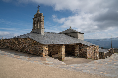 Old church Santa Maria Magdalena in sunlight with blue sky, Penafonte, Camino de Santiago close to Grandas de Salime, Asturias, Spainのeditorial素材