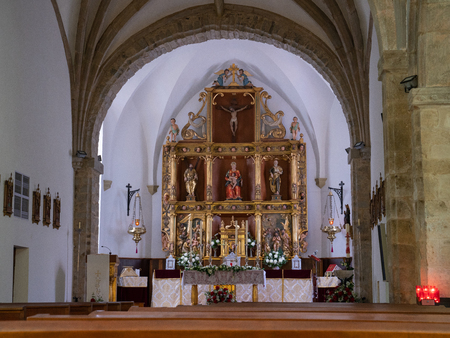 POLA DE ALLANDE, SPAIN - AUGUST 22, 2018: View into the Iglesia de San Andres on August 19, 2018 in Pola de Allande, Spainのeditorial素材