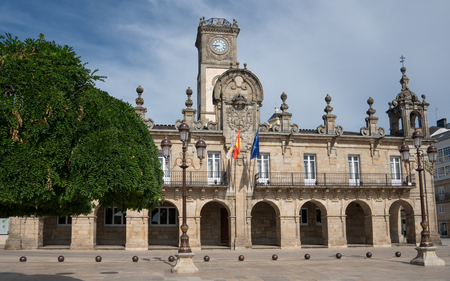 Panoramic image of the historic townhall of Lugo on a cloudy day, Camino de Santiago trail, Calicia, Spainのeditorial素材