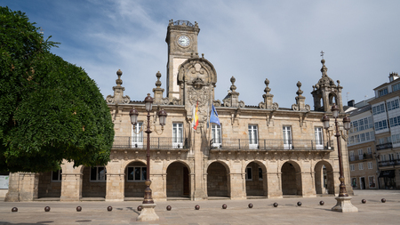 Panoramic image of the historic townhall of Lugo on a cloudy day, Camino de Santiago trail, Calicia, Spainのeditorial素材