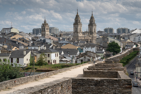 LUGO, SPAIN - AUGUST 28, 2018: Panoramic view during a walk along the city wall of Lugo on August 28, 2018 in Galicia, Spainのeditorial素材