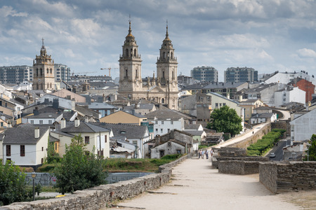 LUGO, SPAIN - AUGUST 28, 2018: Panoramic view during a walk along the city wall of Lugo on August 28, 2018 in Galicia, Spainのeditorial素材