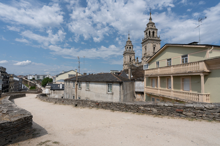 LUGO, SPAIN - AUGUST 28, 2018: Panoramic view during a walk along the city wall of Lugo on August 28, 2018 in Galicia, Spainのeditorial素材