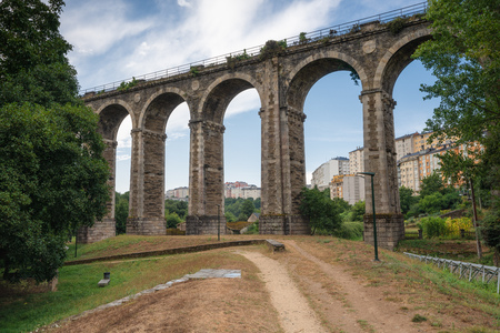 Panoramic image of the old railway bridge of Lugo with the city in the background, Galicia, Spainのeditorial素材