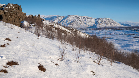 Panoramic image of the beautiful landscape of the Thingvellir National Park during winter, Iceland, Europeの写真素材