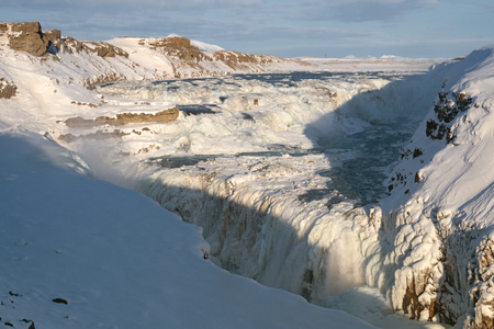 Panoramic image of the frozen waterfall Gullfoss, Iceland, Europeの写真素材
