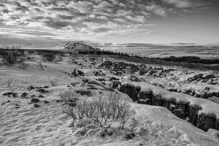 Panoramic image of the beautiful landscape of the Thingvellir National Park during winter, Iceland, Europeの写真素材