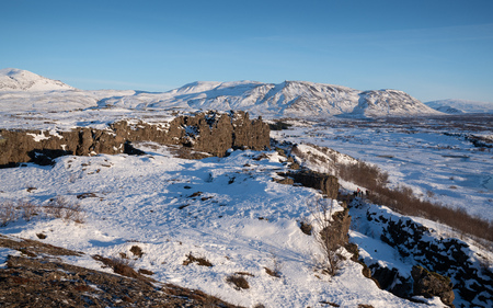 Panoramic image of the beautiful landscape of the Thingvellir National Park during winter, Iceland, Europeの写真素材