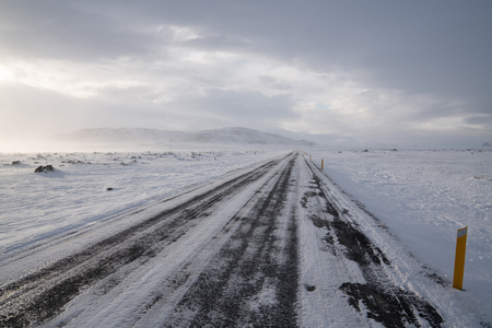 Road into the blizzard, winter in Iceland, Europeの写真素材