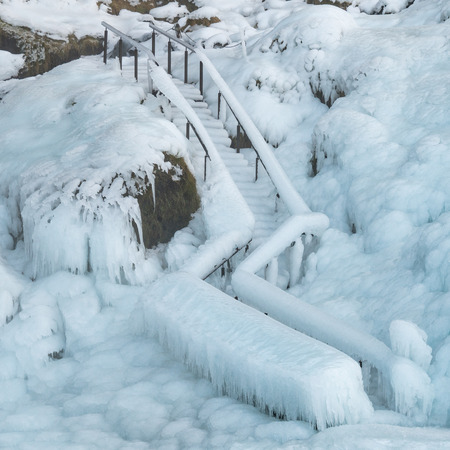 Frozen stairs, winter in Iceland, Europeの写真素材