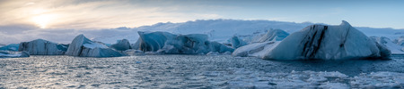 Sundown in the glacier lagoon of Joekulsarlon, winter in Iceland, Europeの写真素材