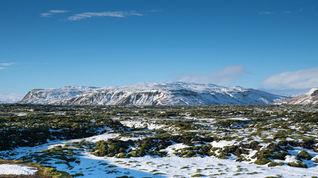 Panoramic image of the lava field of Skaftareldahraun, winter in Iceland, Europeの写真素材