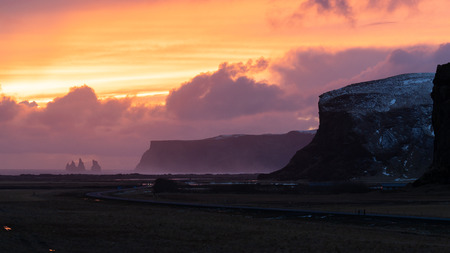 Panoramic landscape along the southern coast of Iceland close to Vik during sundownの写真素材