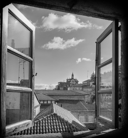 Over the roofs of Tui with Capela de San Telmo, Camino de Santiago, Spain