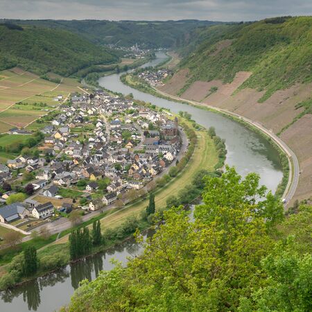 Panoramic image of the Moselle village Ernst close to Cochem on a dully day in springtime, Germanyの写真素材