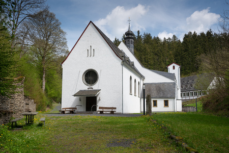 Panoramic image of the pilgrimage church of monastery Maria Martental close to Cochem on a sunny day, Germanyのeditorial素材