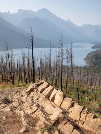 Waterton lake, Landscape of the Waterton Lakes National Park with blue sky, Alberta, Canadaの写真素材