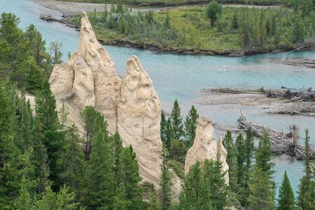 Panoramic image of the Hoodoos close to Banff with the Bow river in the background, Banff National Park, Alberta, Canadaの写真素材