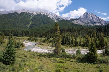 Panoramic image of the landscape along the Bow Valley Parkway, Banff National Park, Alberta, Canadaの写真素材