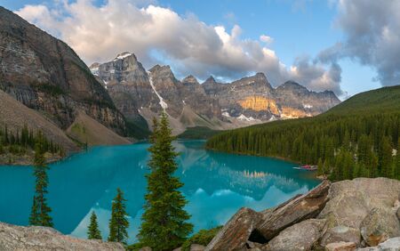 Panoramic image of the Moraine Lake at daybreak, Banff National Park, Alberta, Canadaの写真素材