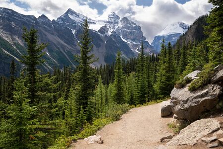 Hiking trail within the Rocky Mountains close to Lake Louise, Banff National Park, Alberta, Canadaの写真素材