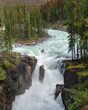 Long exposure image of the Sunwapta Falls, beautiful place close to the Icefields Parkway, Jasper National Park, Alberta, Canadaの写真素材