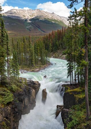 Long exposure image of the Sunwapta Falls, beautiful place close to the Icefields Parkway, Jasper National Park, Alberta, Canadaの写真素材