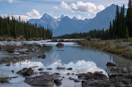 Panoramic image of the Athabasca River, Jasper National Park, Rocky Mountains, Alberta, Canadaの写真素材