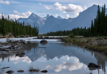 Panoramic image of the Athabasca River, Jasper National Park, Rocky Mountains, Alberta, Canadaの写真素材
