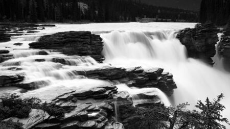 Panoramic image of the Athabasca Falls, beautiful place close to the Icefields Parkway, Jasper National Park, Alberta, Canadaの写真素材