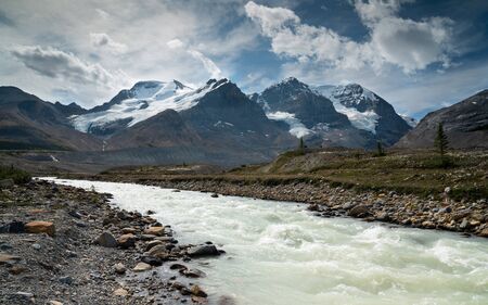 Panoramic image of the glacier landscape within the Jasper National Park, Rocky Mountains, Alberta, Canadaの写真素材