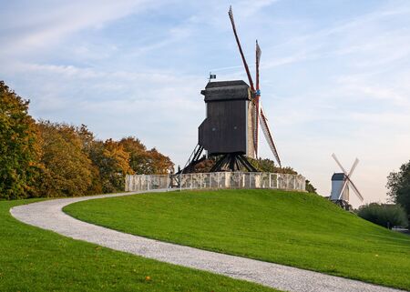 Historic windmill close to the canals of Bruges with autumnal colored trees, Belgiumの写真素材
